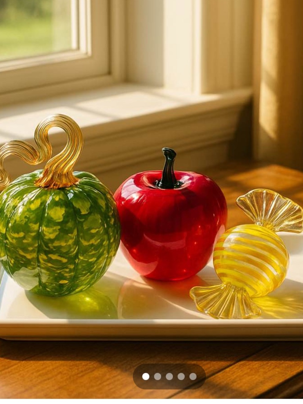 Hand-Blown Glass Fruit & Candy Art Set – Green Pumpkin, Red Apple, Yellow Candy
